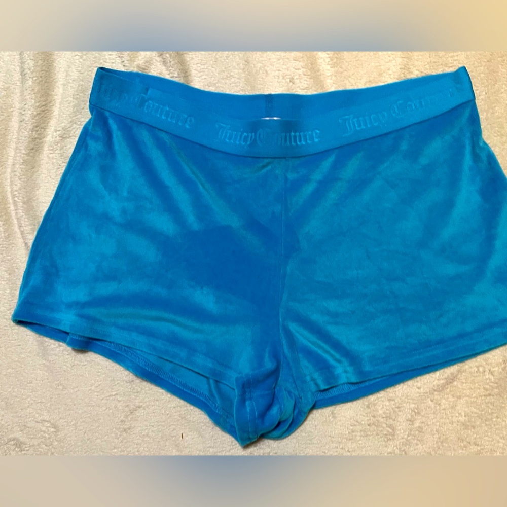 JUICY COUTURE sz L Rhinestone Soft Cozy Stretch Turquoise Velvet Lounge Shorts